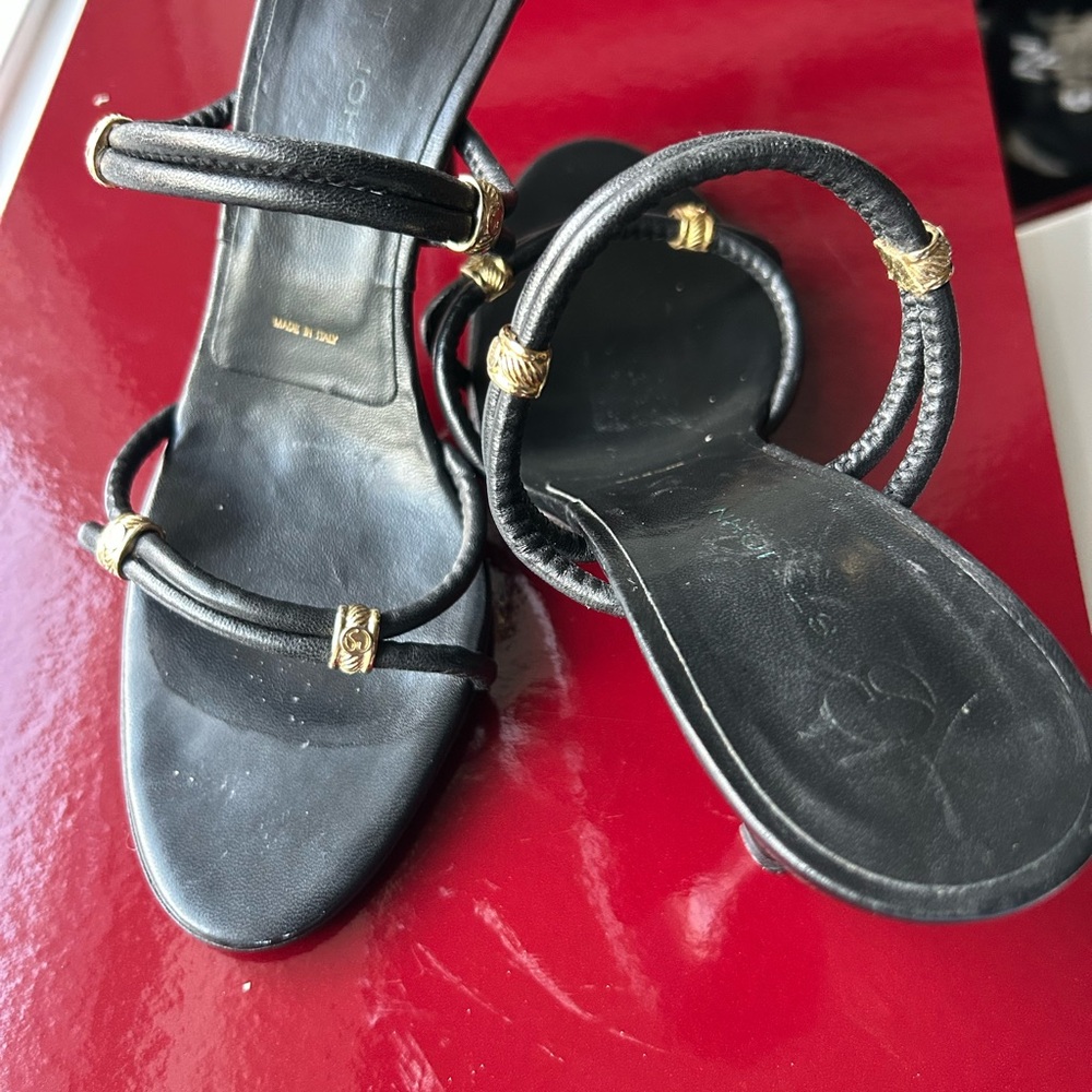 St. John Black and Gold Heeled Sandals